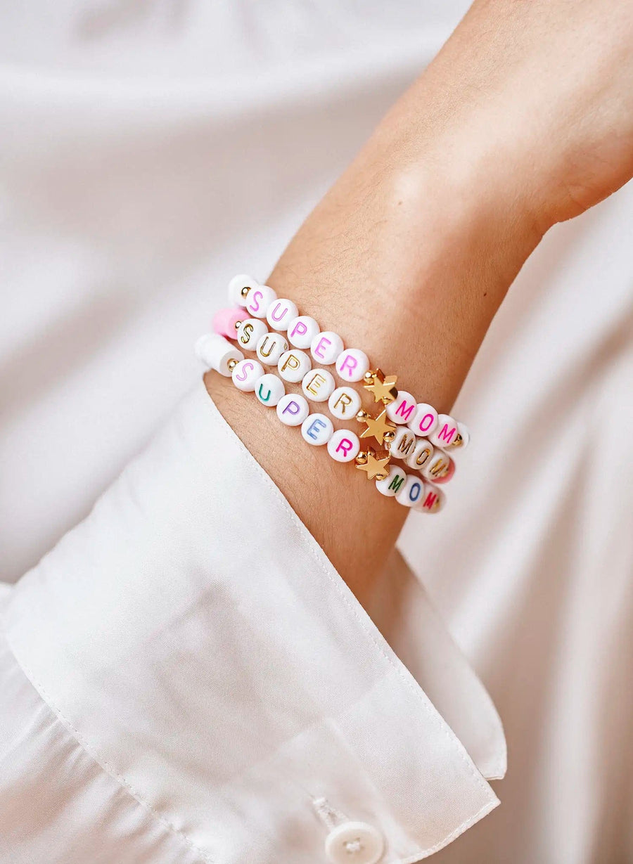 Parel Armband Super Mom • Flitsend roze en goud