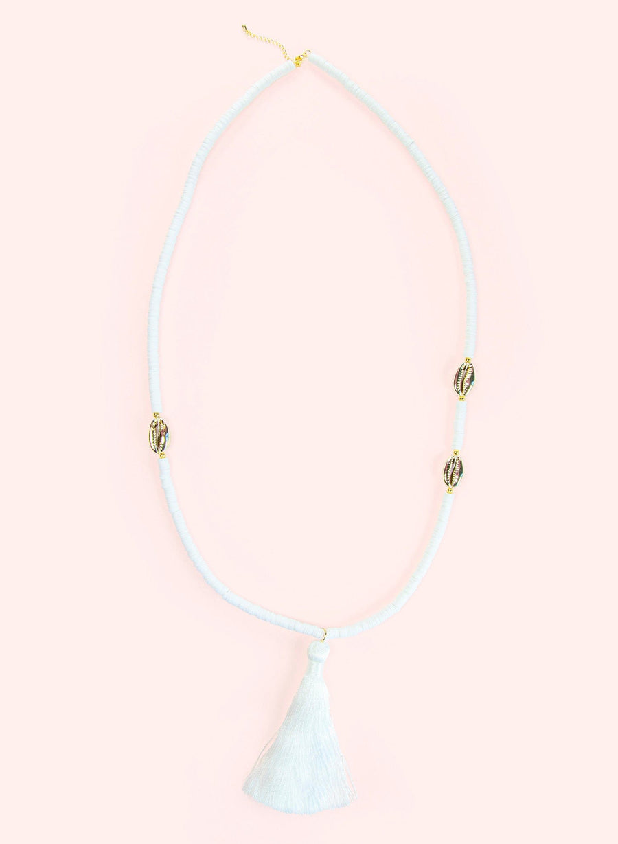 Long Shell Pearl Necklace • White & Gold